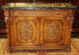 Gorgeous Carved Walnut French Black Marble Top Buffet Sideboard Commode Server