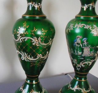 ELEGANT PAINT DECORATED ENAMEL GREEN GLASS LAMPS 10