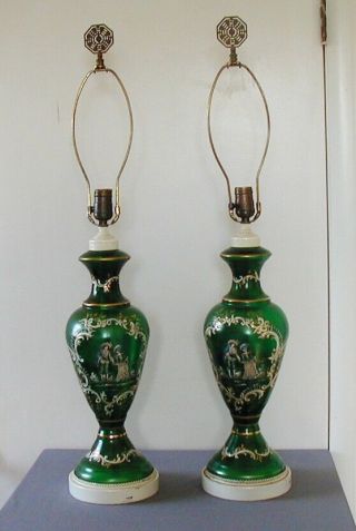 Elegant Paint Decorated Enamel Green Glass Lamps