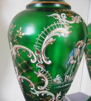 ELEGANT PAINT DECORATED ENAMEL GREEN GLASS LAMPS 6