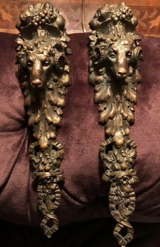 Antique Bronze Ornate Rams Head Furniture Mounts