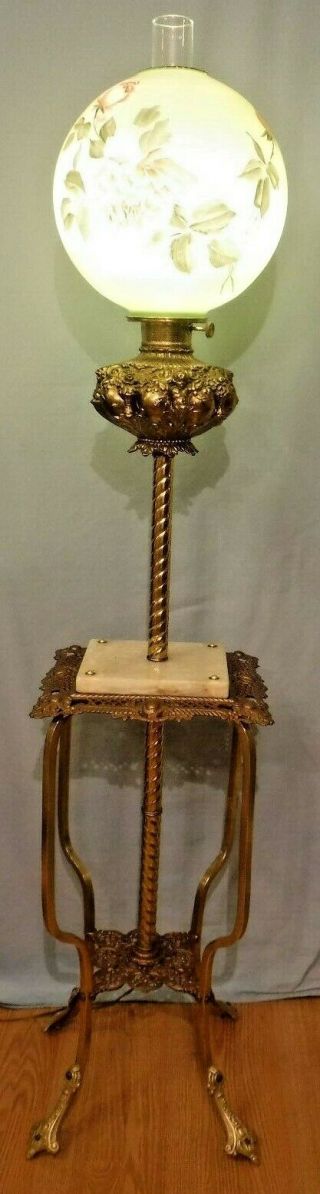 Antique Piano Lamp Brass & Marble Cherubs Large Hand Painted Floral Shade Globe 2