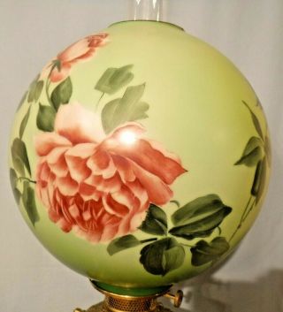 Antique Piano Lamp Brass & Marble Cherubs Large Hand Painted Floral Shade Globe 8