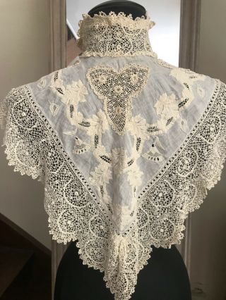 EXCEPTIONAL 1850 ' s IRISH LACE CAPLET with high collar boned Hand embroidery 9