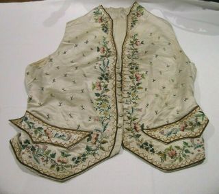 18thc Hand Embroidered Ivory Silk Waistcoat A/f (2)