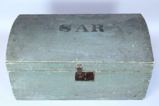 GREAT 18TH C DOME TOP BLANKET CHEST IN GREAT BLUE PAINT INITIALS 