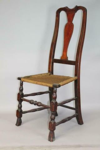 RARE 18TH C NORWICH,  CT QA CHAIR BOLD SPANISH FEET WITH CARVED CREST OLD SURFACE 2