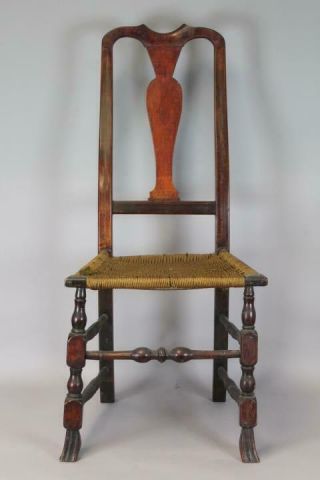 RARE 18TH C NORWICH,  CT QA CHAIR BOLD SPANISH FEET WITH CARVED CREST OLD SURFACE 3