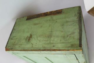 A 19TH C HANGING OR TABLE CUPBOARD IN APPLE GREEN PAINT PANEL DOOR 8