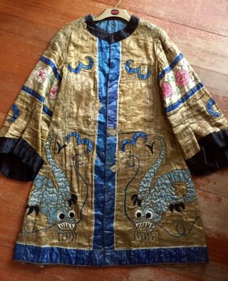 Antique Chinese Embroidered Gold Silk Jacket Coat Dragons Roses