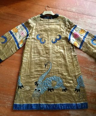 Antique Chinese Embroidered Gold Silk Jacket Coat Dragons Roses 2