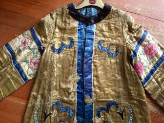 Antique Chinese Embroidered Gold Silk Jacket Coat Dragons Roses 3