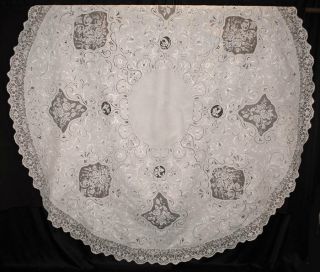 Antique Italian Embroidered Linen Lace Tablecloth 86 " Round - Museum Quality