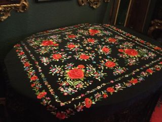 Large Vintage Embroidered Pure Silk Piano Shawl. 10