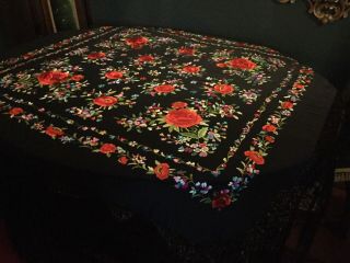 Large Vintage Embroidered Pure Silk Piano Shawl.