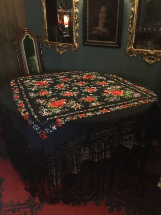 Large Vintage Embroidered Pure Silk Piano Shawl. 2