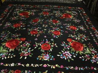 Large Vintage Embroidered Pure Silk Piano Shawl. 4