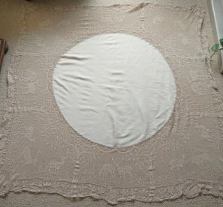 A VINTAGE LINEN TABLECLOTH WITH MARY CARD THE WOODLANDERS CROCHET EDGING 6
