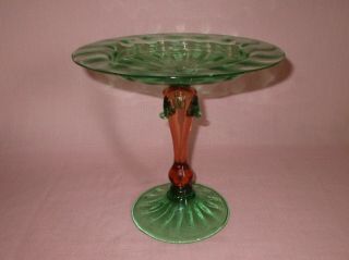 Antique Steuben Art Glass Carder Era Green & Amber Compote Vase 8 "