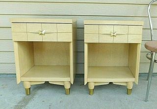 Pair Retro Space Age Mid Century Modern Blond Mahogany Nightstands End Tables