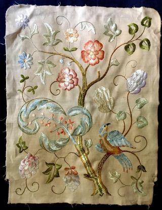 STUNNING VINTAGE HAND EMBROIDERED PICTURE PANEL JACOBEAN TREE OF LIFE HOHO BIRD 10