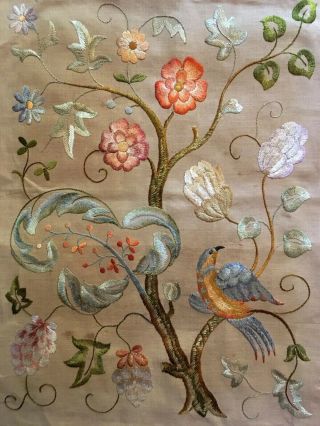 Stunning Vintage Hand Embroidered Picture Panel Jacobean Tree Of Life Hoho Bird