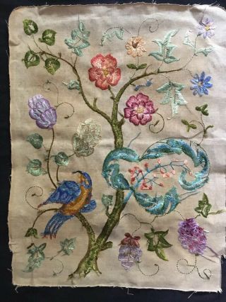 STUNNING VINTAGE HAND EMBROIDERED PICTURE PANEL JACOBEAN TREE OF LIFE HOHO BIRD 9