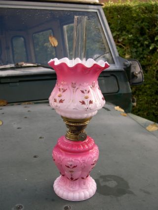 Rare Cranberry Glass Miniature Kerosene Oil Lamp With Matching Shade