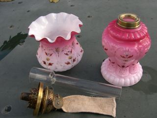 RARE CRANBERRY GLASS MINIATURE KEROSENE OIL LAMP WITH MATCHING SHADE 6