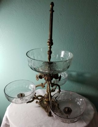 Fabulous Huge Hollywood Regency 4 Crystal Bowl Compote Centerpiece