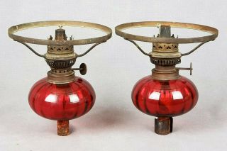 Pair Victorian Cranberry Kerosene Oil Miniature Peg Lamps Lamp Burner Shade Ring