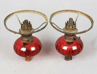 Pair Victorian Cranberry Kerosene Oil Miniature Peg Lamps Lamp Burner Shade Ring 2