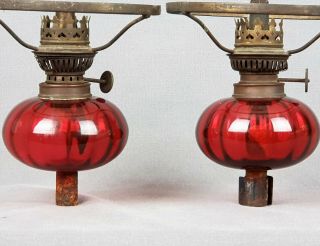 Pair Victorian Cranberry Kerosene Oil Miniature Peg Lamps Lamp Burner Shade Ring 3