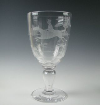 Antique Hand Blown Glass Large Size Chalice Engraved Fox Hunt Scene 19th C