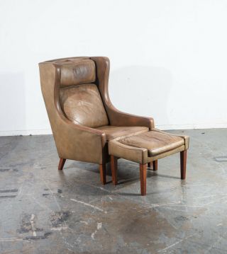Mid Century Danish Modern Lounge Chair Leather Ottoman Borge Mogensen Wingback