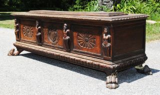 Antique Coffer Trunk Chest Possibly From England - Rare - Huge Carvings & Crest