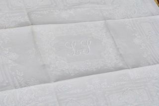 ANTIQUE FRENCH LINEN DAMASK TABLECLOTH AND 5 LARGE NAPKINS LT LY LJ MONOGRAM 12