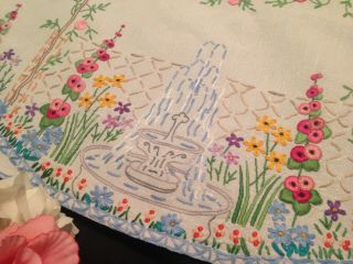 Vintage Fairistytch? Hand Embroidered Tablecloth Water Fountain Flowers