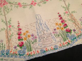 VINTAGE FAIRISTYTCH? HAND EMBROIDERED TABLECLOTH WATER FOUNTAIN FLOWERS 2