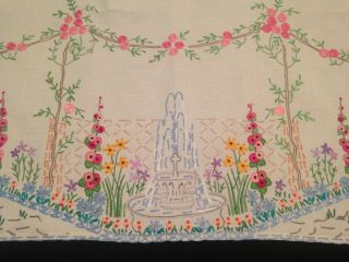 VINTAGE FAIRISTYTCH? HAND EMBROIDERED TABLECLOTH WATER FOUNTAIN FLOWERS 8