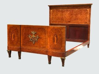 FRENCH LOUIS XVI STYLE BURL WALNUT ANTIQUE QUEEN SIZE BED WITH EXTENSIVE INLAY 2