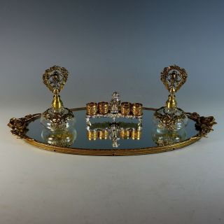 Antique Mirrored Vanity Tray With Two Perfume Bottles And Lipstick Holder