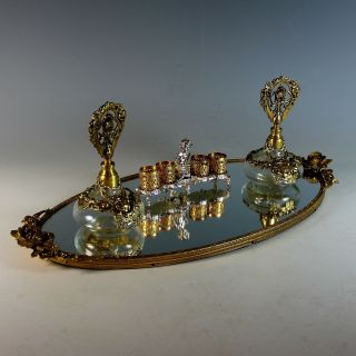 Antique Mirrored Vanity Tray with Two Perfume Bottles and Lipstick Holder 2