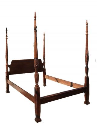 QUEEN SIZE CHIPPENDALE ANTIQUE STYLE CHERRY & MAHOGANY RICE CARVED 4 POST BED 2