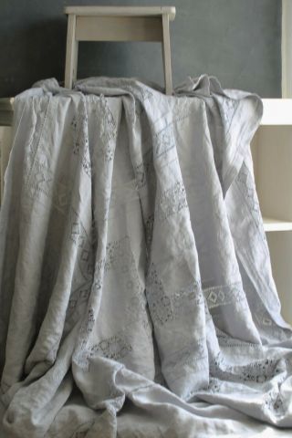 Embroidered Crochet Bed Throw Grey Cotton Patched Bedspread Shabby Rustic Style 7