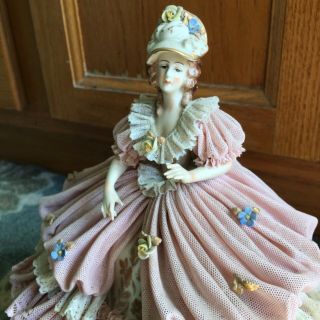 Antique Ackermann & Fritze Volkstedt Dresden Lace Porcelain Figurine Lady 2