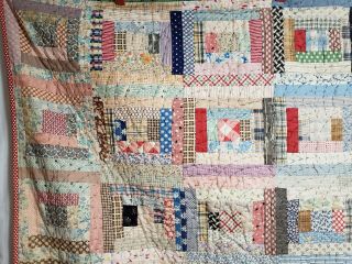 Depression Era Quilt COURTHOUSE STEP Scalloped Hand Stitch Log Cabin Antique VTG 3