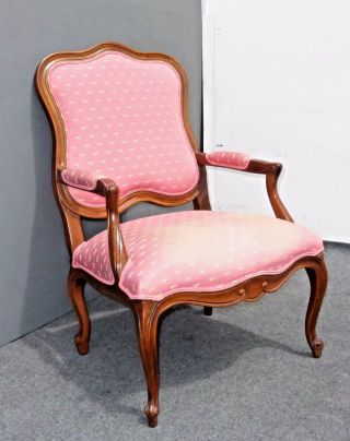 Vintage Ethan Allen French Country Carved Pink Accent Chair Dragonfly Print 2