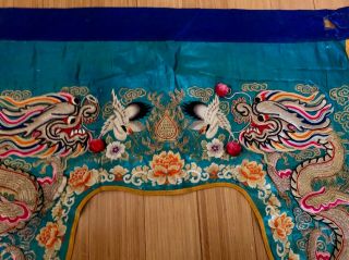 Antique Chinese Embroidered Door Cover - Heavily Embossed Silver Dragons,  Pompoms 2