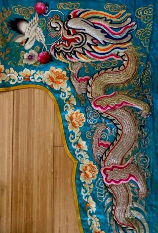 Antique Chinese Embroidered Door Cover - Heavily Embossed Silver Dragons,  Pompoms 3